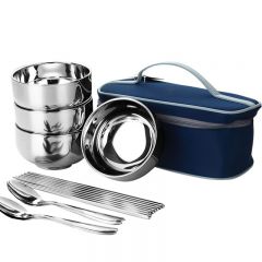 戶外折疊餐具旅行野炊便攜式不銹鋼飯盒碗筷子勺子收納包套裝 藍(lán)色（4人套裝）